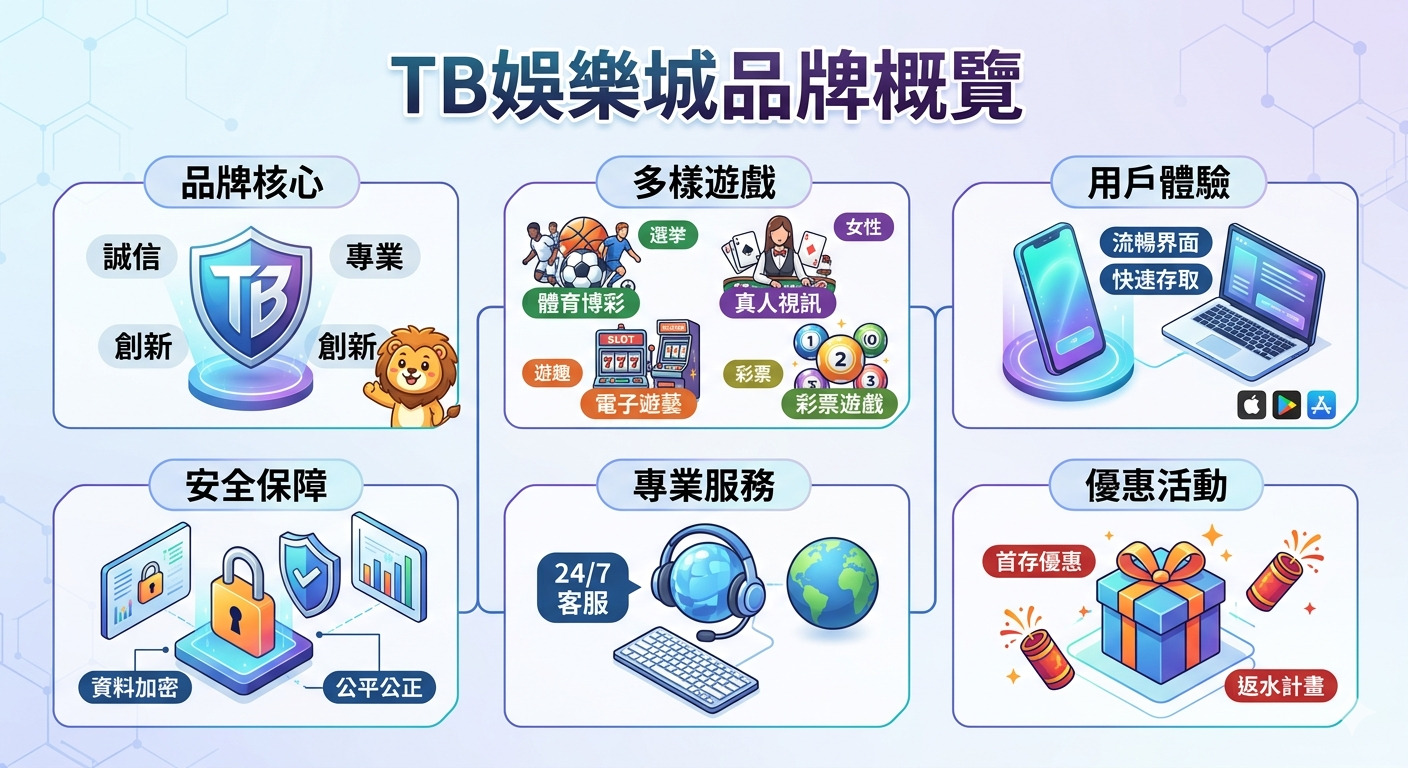 這張圖片呈現了「TB娛樂城品牌概覽」,透過六個區塊清晰展示了品牌核心、多樣遊戲、用戶體驗、安全保障、專業服務及優惠活動等品牌特點。 整體設計簡潔直觀,以專業且具活力的視覺元素呈現出該品牌的營運優勢與服務內容。