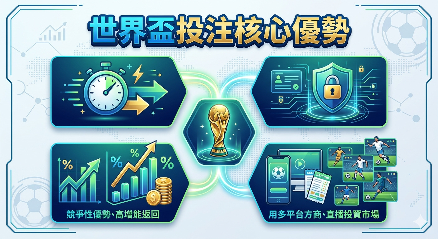 這張圖片以「世界盃投注核心優勢」為標題,並透過現代科技風格的圖示呈現了數據分析、安全保障及多平台投注等專業優勢。 整體設計結合了足球元素與金融數據圖表,強調在賽事期間提供高效、安全且多元的投注體驗。